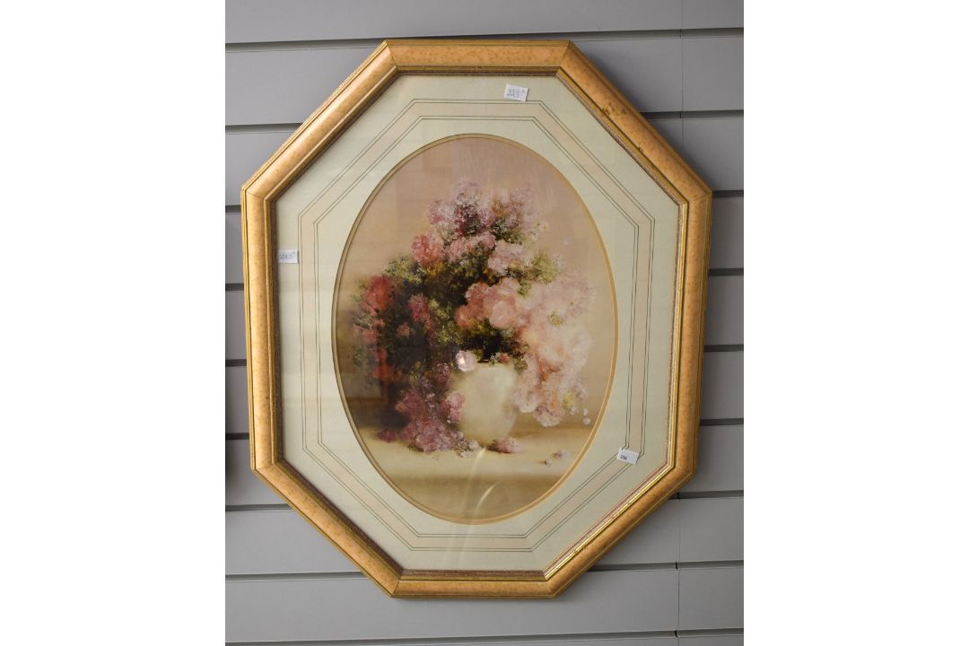 A pair of 20th Century lithographs, floral still life studies in oval form, within stepped - Image 3 of 3