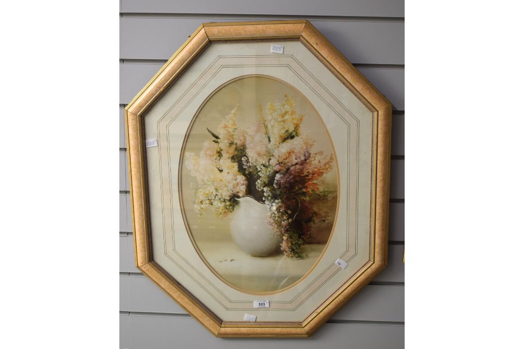 A pair of 20th Century lithographs, floral still life studies in oval form, within stepped - Image 2 of 3