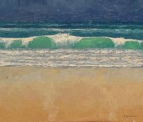 Geoffrey Smith (British Contemporary) Oil on board 'Breaking Waves, Cornwall', a beach study, signed