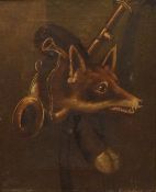 A 19th Century still life, a surreal hunting composition with taxidermy fox head and horns,