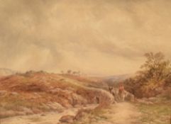 A 19th century watercolour landscape, a rural river scene with two figures on horseback crossing a