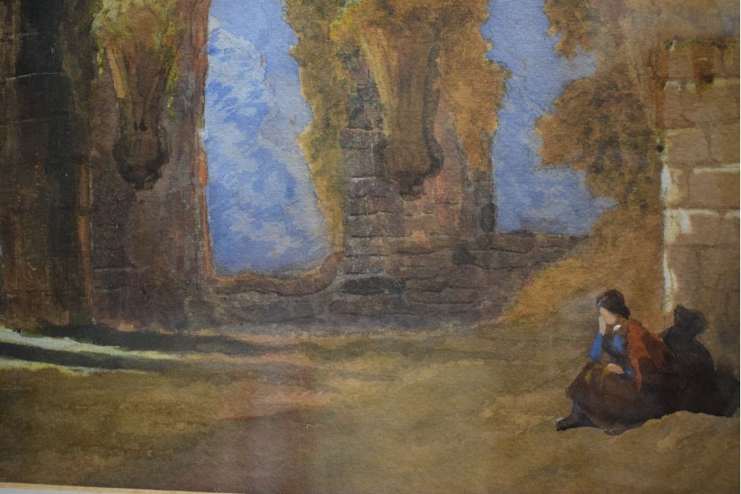 A 20th Century watercolour, a figure seated in contemplation beneath architectural ruins, unsigned - Image 3 of 4