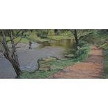 John Straton Ferrier (British 20th Century) Acrylic 'The Annan at Rabbit Island', a river scene with