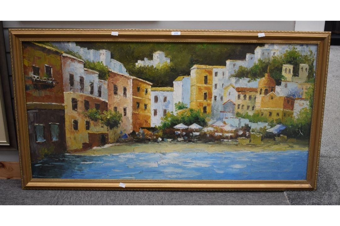 A Contemporary impressionistic oil on board, depicting a Mediterranean coastal town, unsigned or - Image 2 of 4