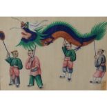 A pair of Chinese watercolours on paper, vibrant traditional scenes, within card mounts and