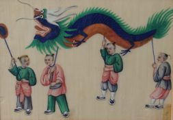 A pair of Chinese watercolours on paper, vibrant traditional scenes, within card mounts and