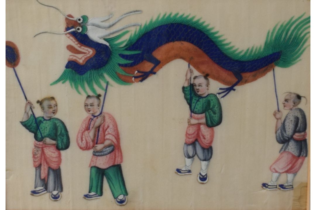 A pair of Chinese watercolours on paper, vibrant traditional scenes, within card mounts and - Image 1 of 4