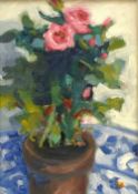 Tina Balmer (British Contemporary) Oil on board 'Pot Rose, Delft Plate', an impressionistic still