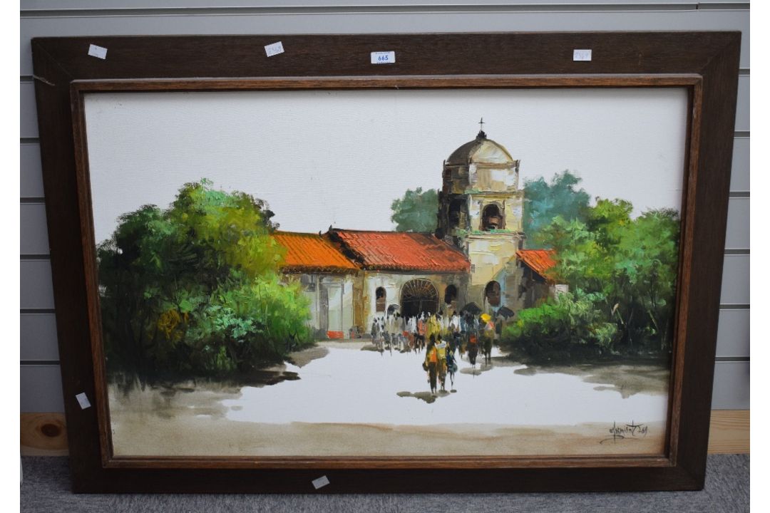 Edgardo Saemiento (20th Century) Oil on canvas, a study of a temple with figures, signed and - Image 2 of 5