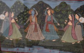 A 20th Century Indian Mugual style painting on fabric, depicting the Hindu tale of Radha and