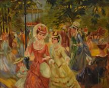 A mid 20th Century oil on canvas, depicting a 19th century French park scene with women of high
