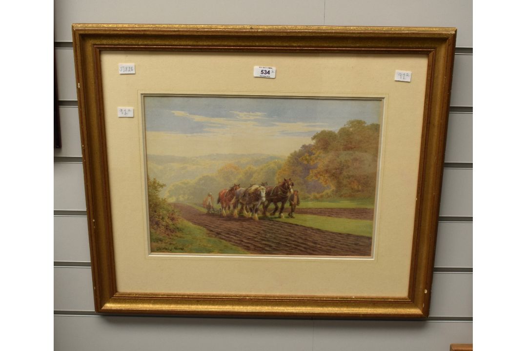 After Charles J Adams (British 1859-1931) Lithograph, agricultural scene with farmers ploughing a - Image 2 of 3