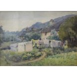 C Marr (British 20th Century) Watercolour, a cottage garden in summer with washing hung out to