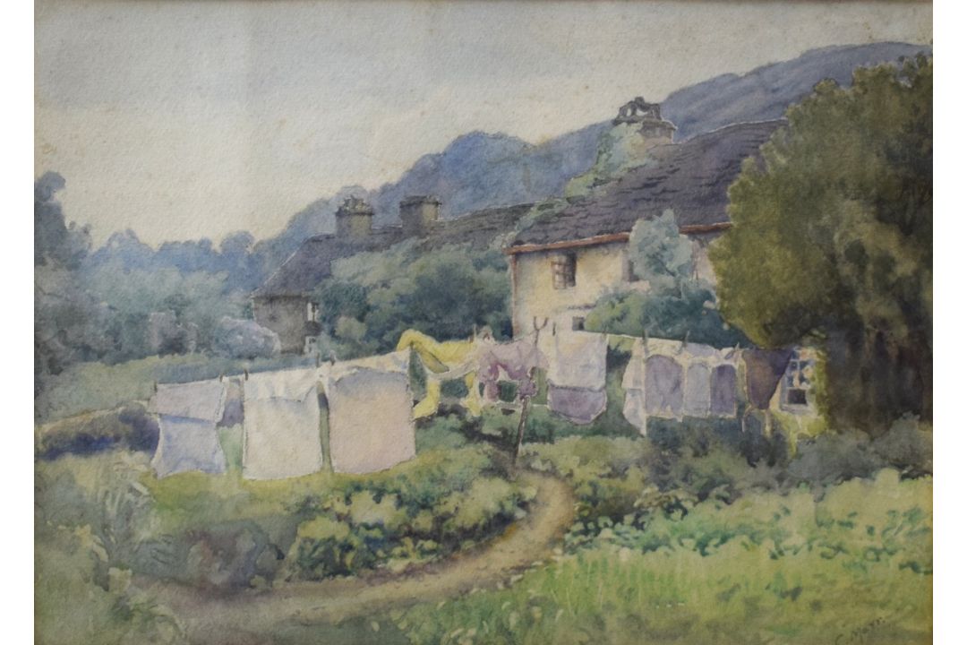 C Marr (British 20th Century) Watercolour, a cottage garden in summer with washing hung out to - Image 1 of 5