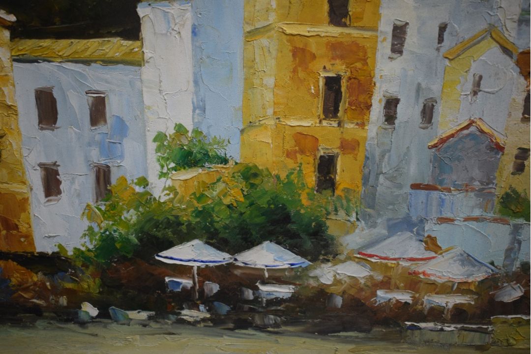 A Contemporary impressionistic oil on board, depicting a Mediterranean coastal town, unsigned or - Image 3 of 4