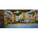 A Contemporary impressionistic oil on board, depicting a Mediterranean coastal town, unsigned or