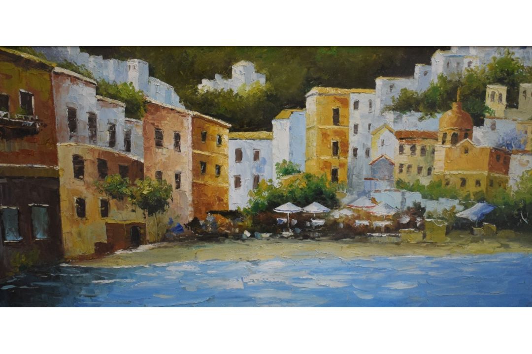 A Contemporary impressionistic oil on board, depicting a Mediterranean coastal town, unsigned or - Image 1 of 4