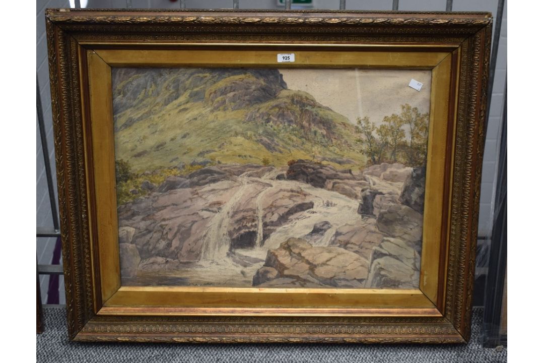A 19th Century watercolour, a mountainous landscape with small waterfall, initialled (H.S?) and - Image 2 of 6