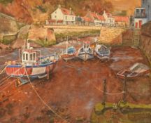 Geoffrey Smith (British Contemporary) Oil on board 'Staithes North Yorkshire', a harbour study at