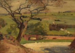Harry Bush (British 1883-1957) Impressionistic oil on board, a rural river scene with distant