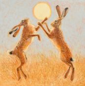 Geoffrey Smith (British Contemporary) Oil on canvas 'Boxing Hares', a study of pair of hares in a