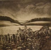 After Sally Winter (British Contemporary) Etching 'Storm over Cotswolds', a rural landscape with