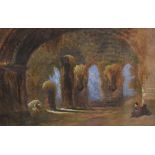 A 20th Century watercolour, a figure seated in contemplation beneath architectural ruins, unsigned