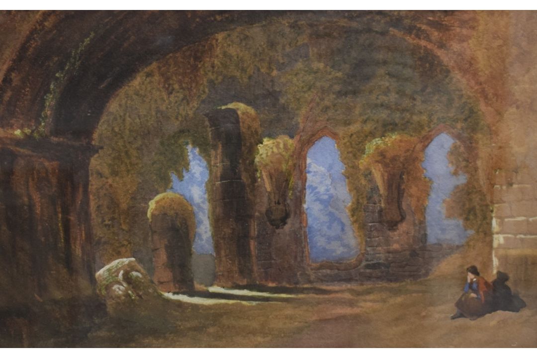 A 20th Century watercolour, a figure seated in contemplation beneath architectural ruins, unsigned - Image 1 of 4