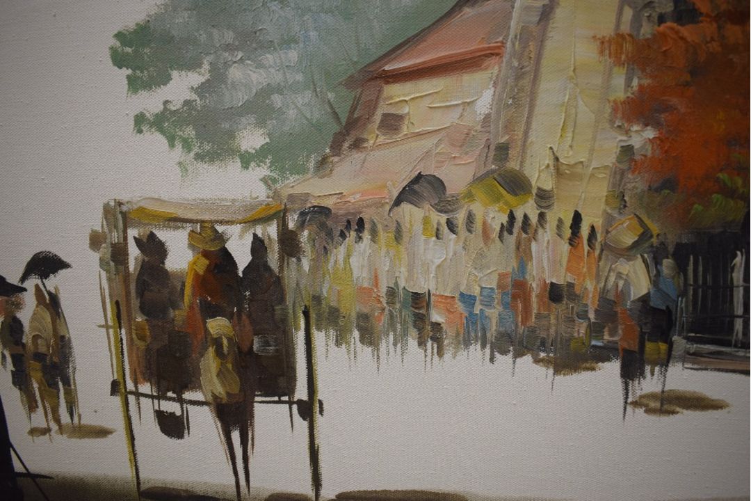Edgardo Saemiento (20th Century) Oil on canvas, a vibrant Eastern temple street scene in autumnal - Image 3 of 5