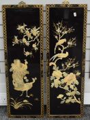 A pair of 20th Century Chinese lacquered panels with mother of pearl and gilding, each depicting a