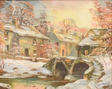 John Corcoran (British Contemporary) Oil on board 'Meadow Vale', a winter village scene at sunset,