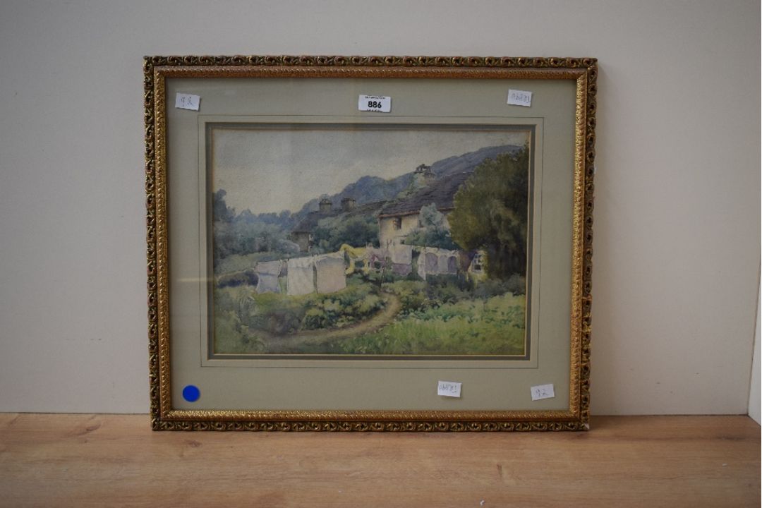 C Marr (British 20th Century) Watercolour, a cottage garden in summer with washing hung out to - Image 2 of 5