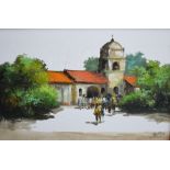 Edgardo Saemiento (20th Century) Oil on canvas, a study of a temple with figures, signed and