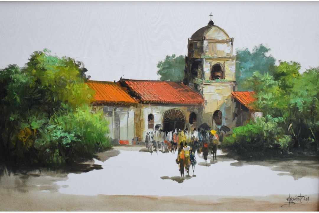 Edgardo Saemiento (20th Century) Oil on canvas, a study of a temple with figures, signed and - Image 1 of 5