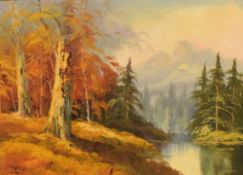 E Todd (20th Century) Oil on canvas, an autumnal woodland river scene, signed lower left, within