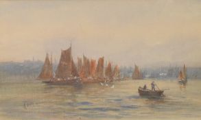G Cate (British 20th Century) Watercolour/acrylic on board, a river fishing scene with fleet of