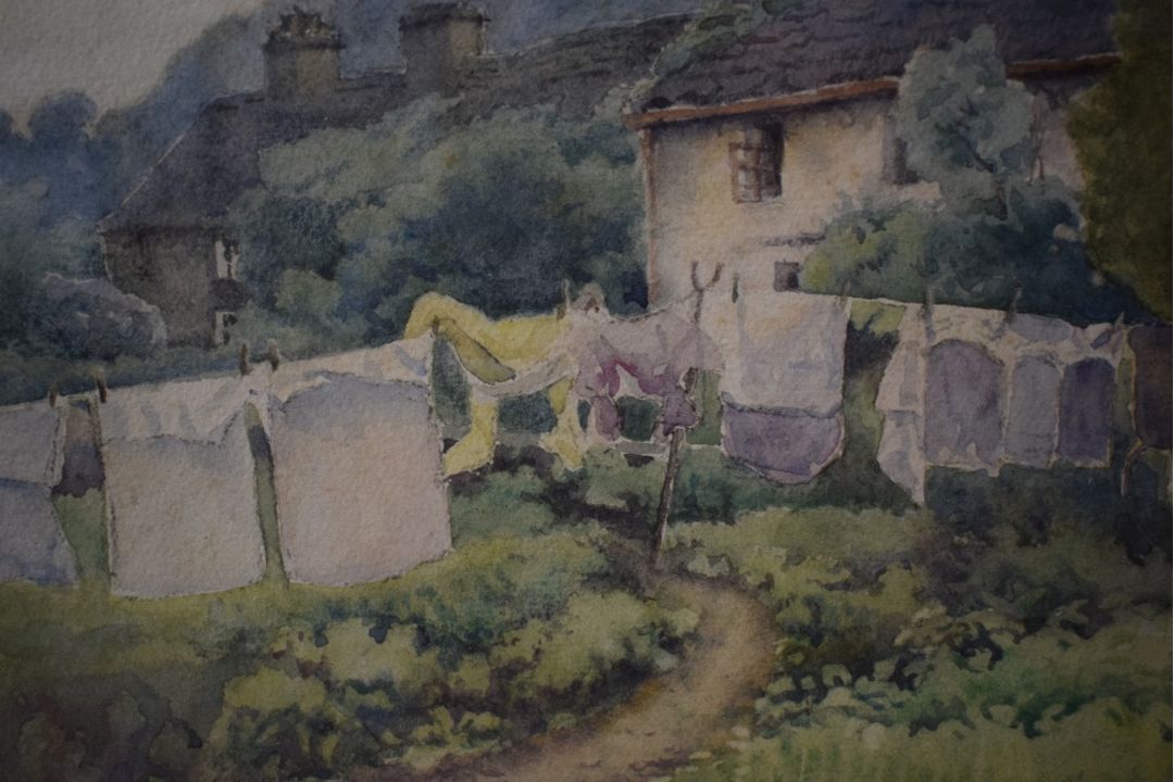 C Marr (British 20th Century) Watercolour, a cottage garden in summer with washing hung out to - Image 3 of 5