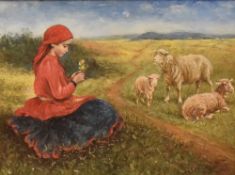 Pap (20th Century) Oil on board, a pastoral scene with sheep and young girl in traditional