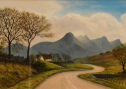 Martin Shough (Scottish 20th Century) Acrylic on board 'Ben Loyal and St Andrews Church - Tongue', a