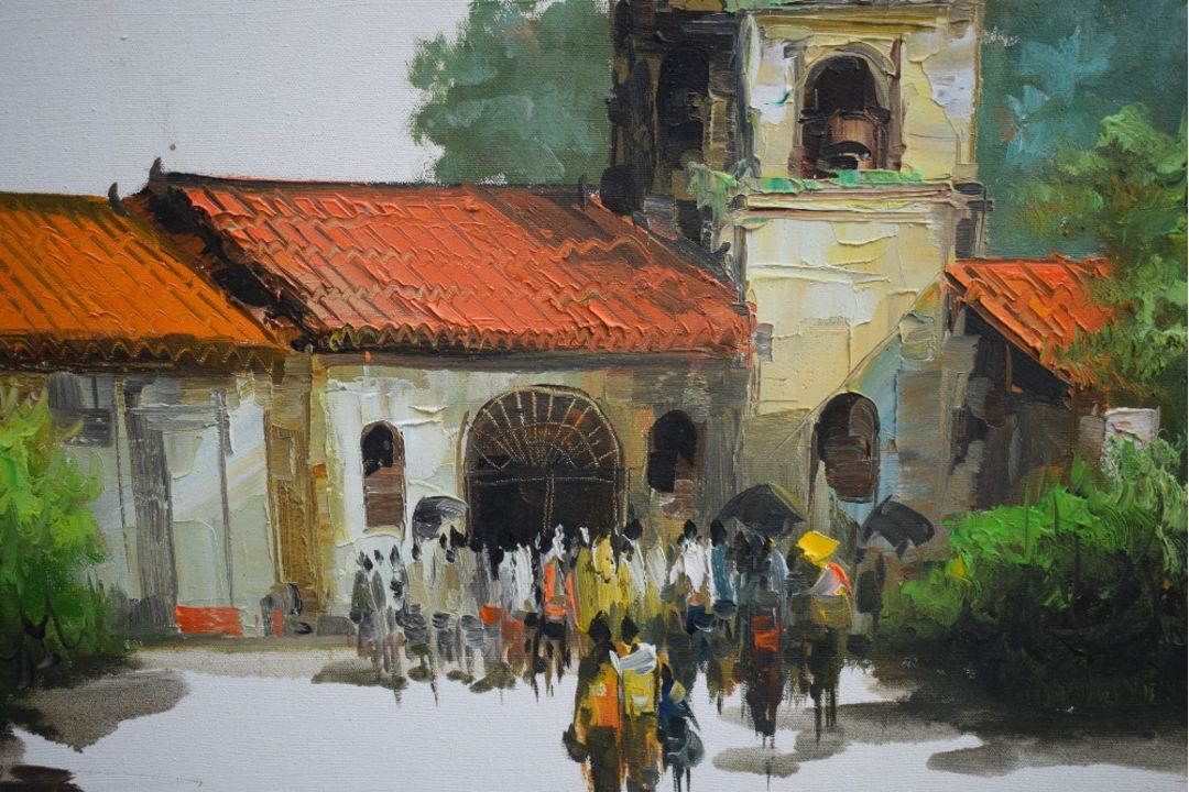 Edgardo Saemiento (20th Century) Oil on canvas, a study of a temple with figures, signed and - Image 3 of 5