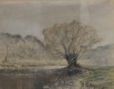 R.N Edmondson (British 20th Century) Oil pastel 'Misty Morning on the Usk', a Welsh river scene,