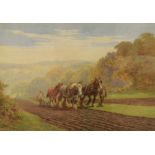 After Charles J Adams (British 1859-1931) Lithograph, agricultural scene with farmers ploughing a