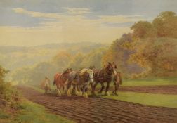 After Charles J Adams (British 1859-1931) Lithograph, agricultural scene with farmers ploughing a