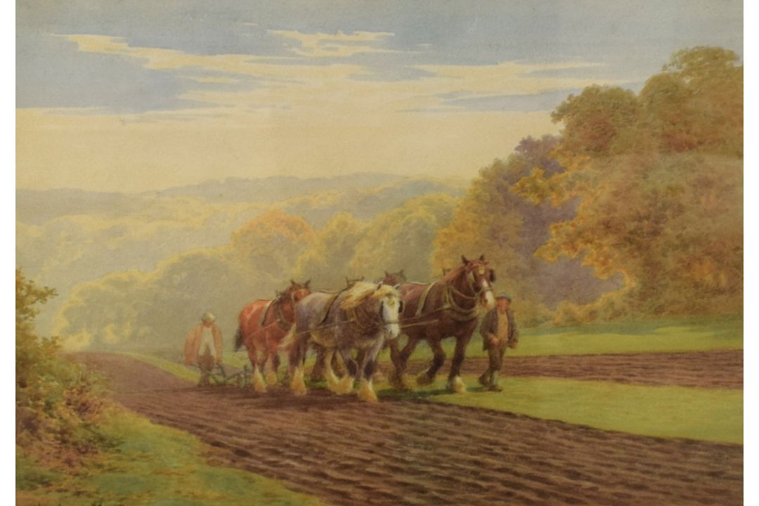 After Charles J Adams (British 1859-1931) Lithograph, agricultural scene with farmers ploughing a - Image 1 of 3