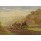 After Charles J Adams (British 1859-1931) Lithograph, agricultural scene with farmers ploughing a - Image 1 of 3