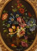 Voness (20th Century) Oil on board, a pair of vibrant floral still life studies of oval form, signed