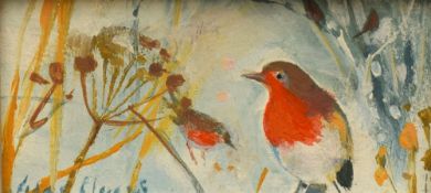 *Local Interest* Fiona Clucas (British Contemporary) Mixed media 'Robin in the Frost', a miniature
