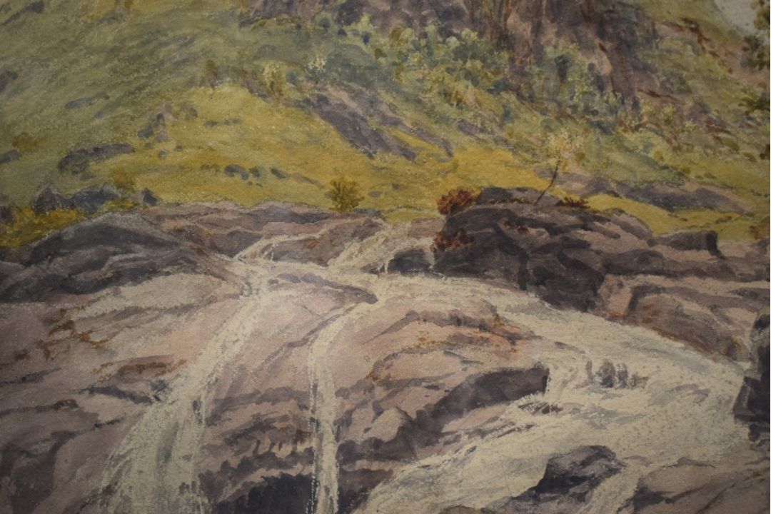 A 19th Century watercolour, a mountainous landscape with small waterfall, initialled (H.S?) and - Image 3 of 6