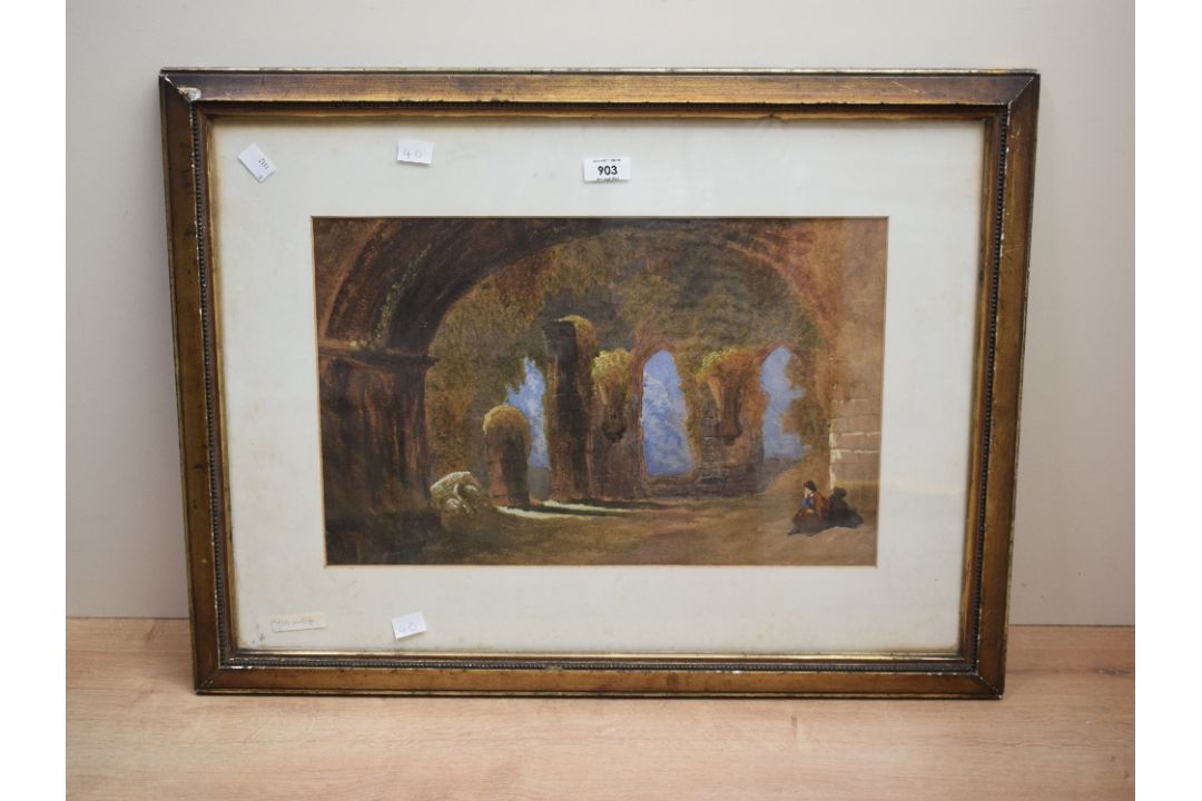 A 20th Century watercolour, a figure seated in contemplation beneath architectural ruins, unsigned - Image 2 of 4