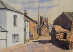 A late 20th Century watercolour, a village street scene with church, signed indistinctly and